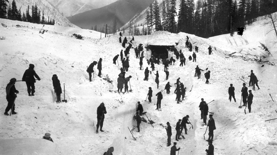Photographie en noir et blanc de plus de 50 hommes qui creusent pour déneiger un pare-avalanche ferroviaire enseveli de débris d'avalanche.